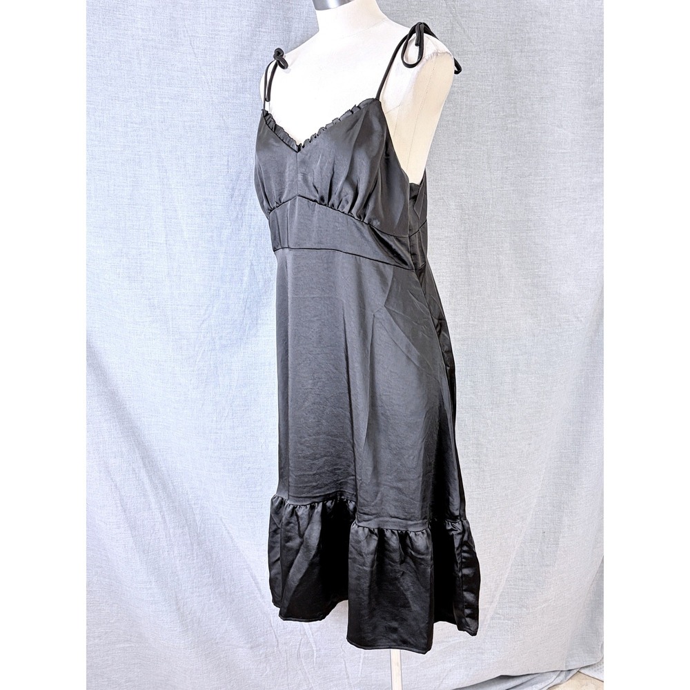 Nine West Black Satin Midi Dress Ruffle V-Neck Empire Waist Tiered Hem Size - Picture 1 of 10